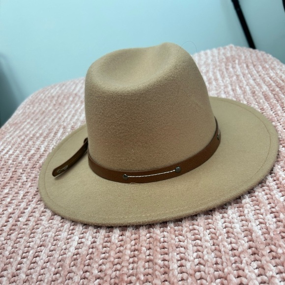 New Wide Brim Hat Classic Outdoor Tan Brown Hats w Belt Buckle Wool - Picture 4 of 7